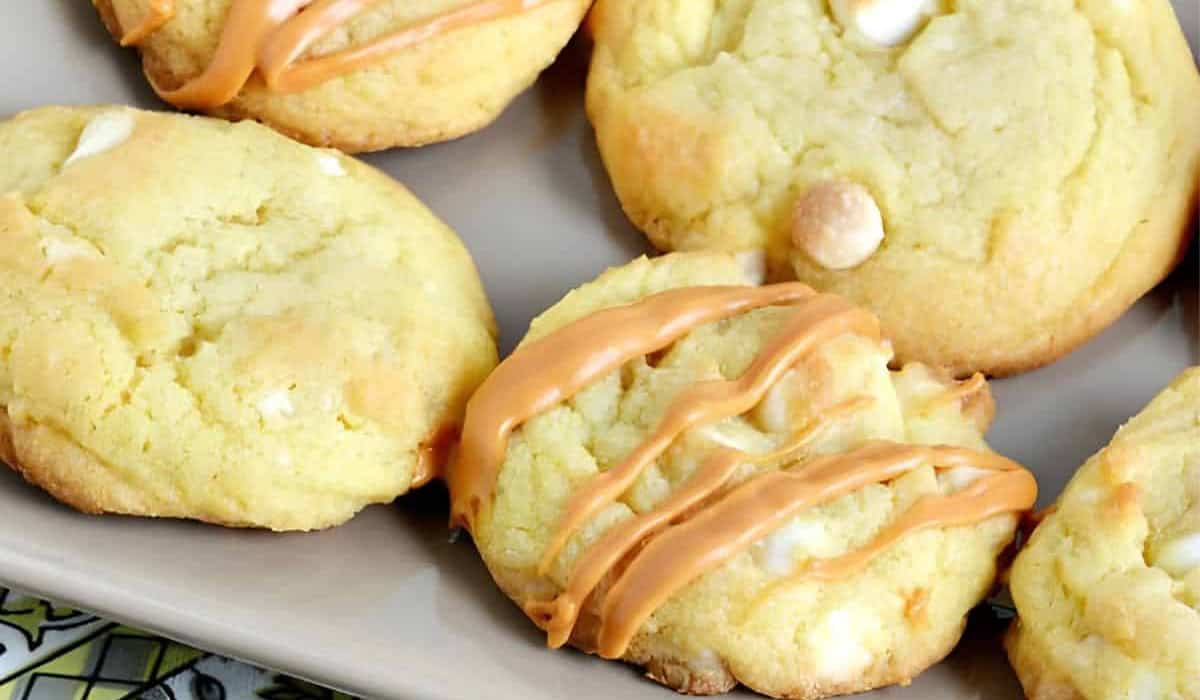 White Chocolate Pudding Cookies with Butterscotch Drizzle