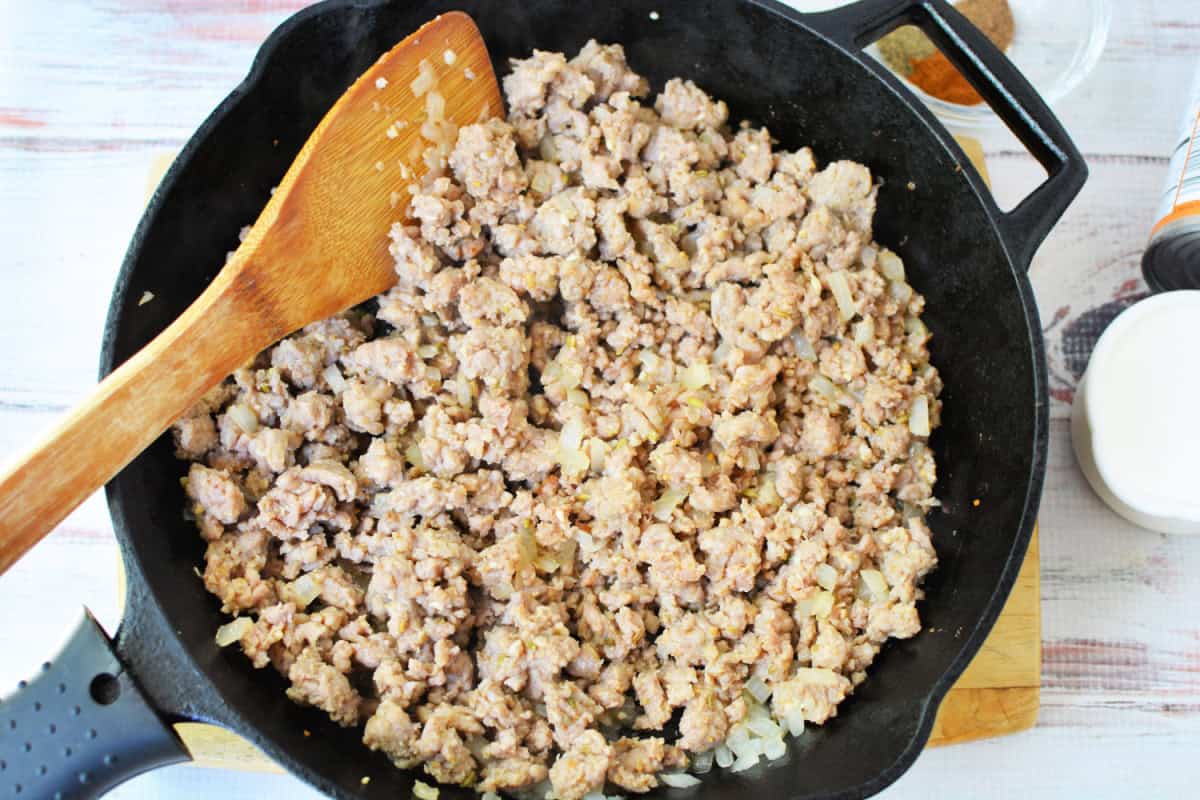 ground beef browned in a skillet