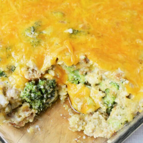 Broccoli Cheese Stuffing in a casserole dish