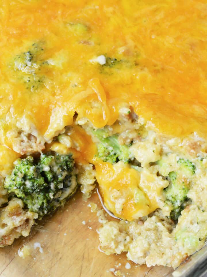 Broccoli Cheese Stuffing in a casserole dish