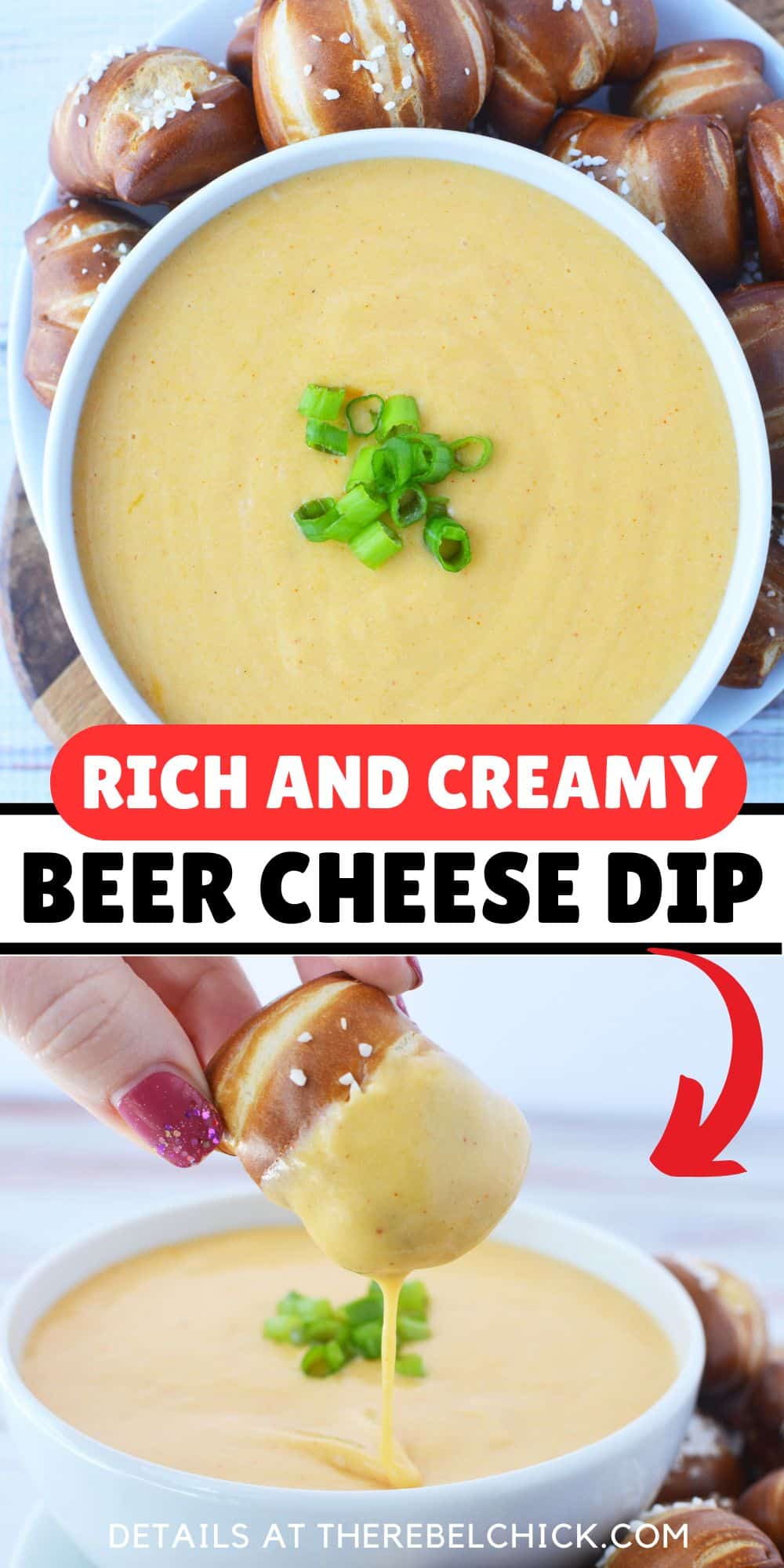 white bowl filled with creamy beer chees dip and a pretzel