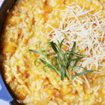 creamy butternut squash risotto topped with fresh rosemary