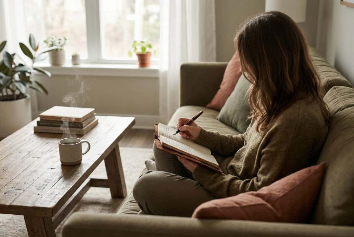 Woman relaxing and journaling on sofa in cozy living room.