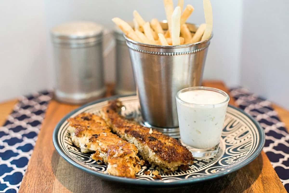 Homemade Chicken Strips on a blue plate