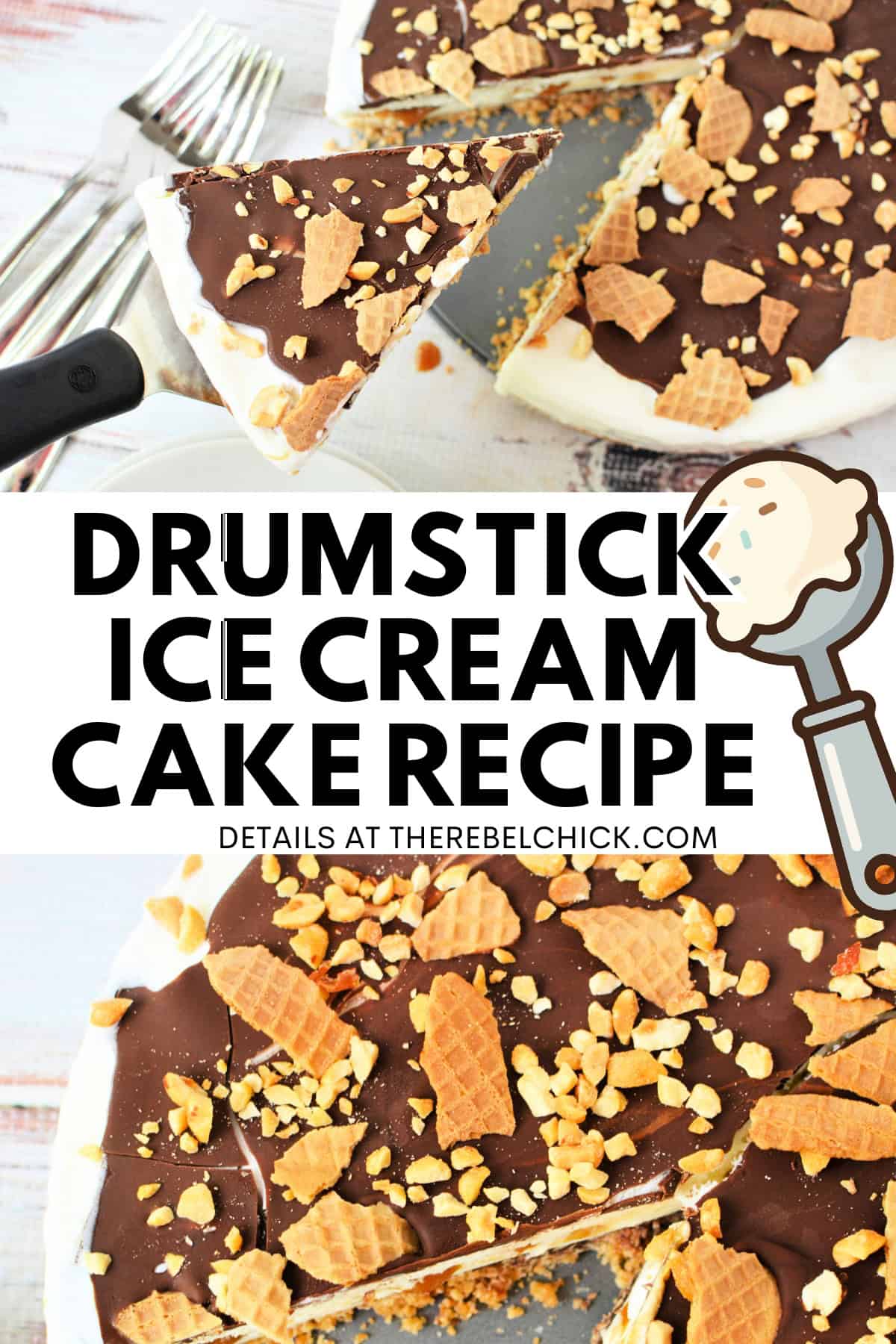 Close up shot of a Drumstick Ice Cream Cake with a slice cut out